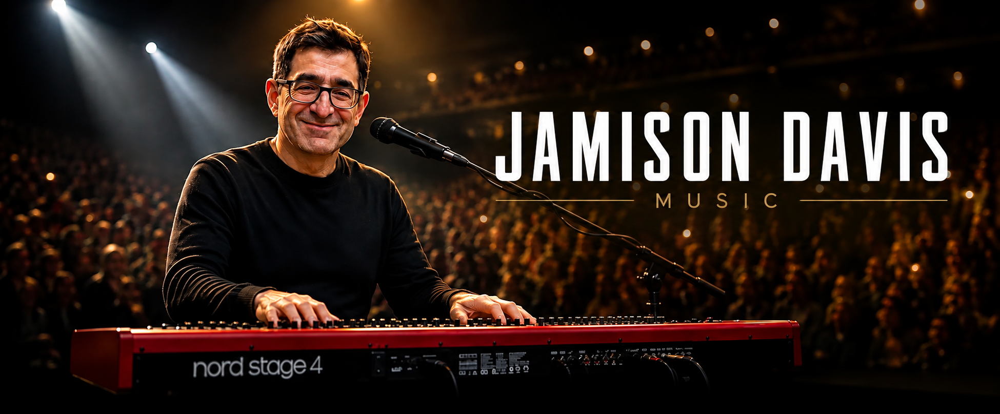 Jamison Davis performing live at the keyboard with Jamison Davis Music branding